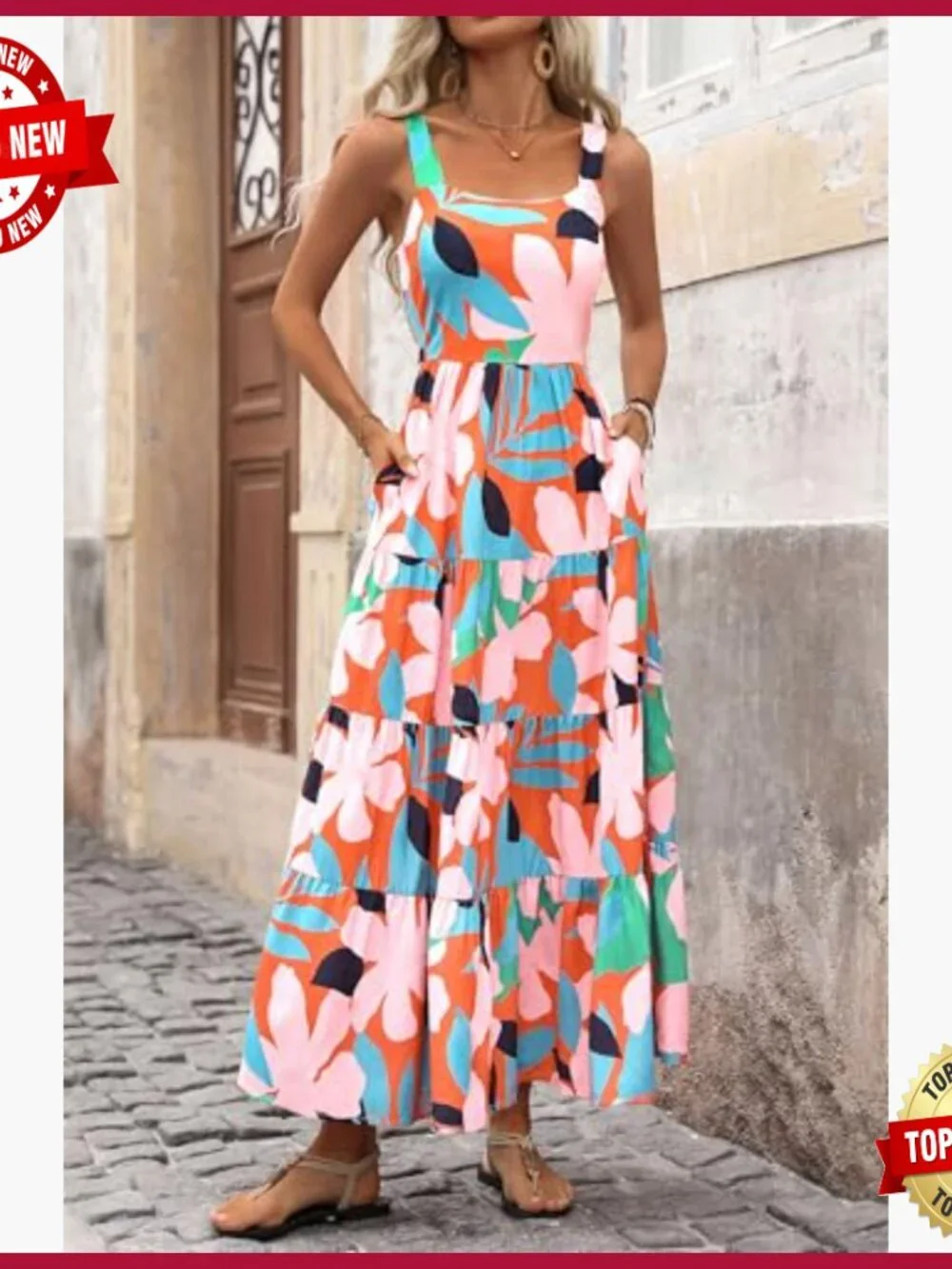 Floral Maxi Dress Sleeveless Square Neck Boho Summer Casual - Picture 6 of 7